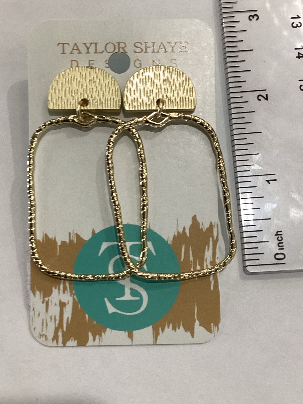Gold Textured Open Rectangle Drop Earrings - Hammered Finish - Picture 3 of 4
